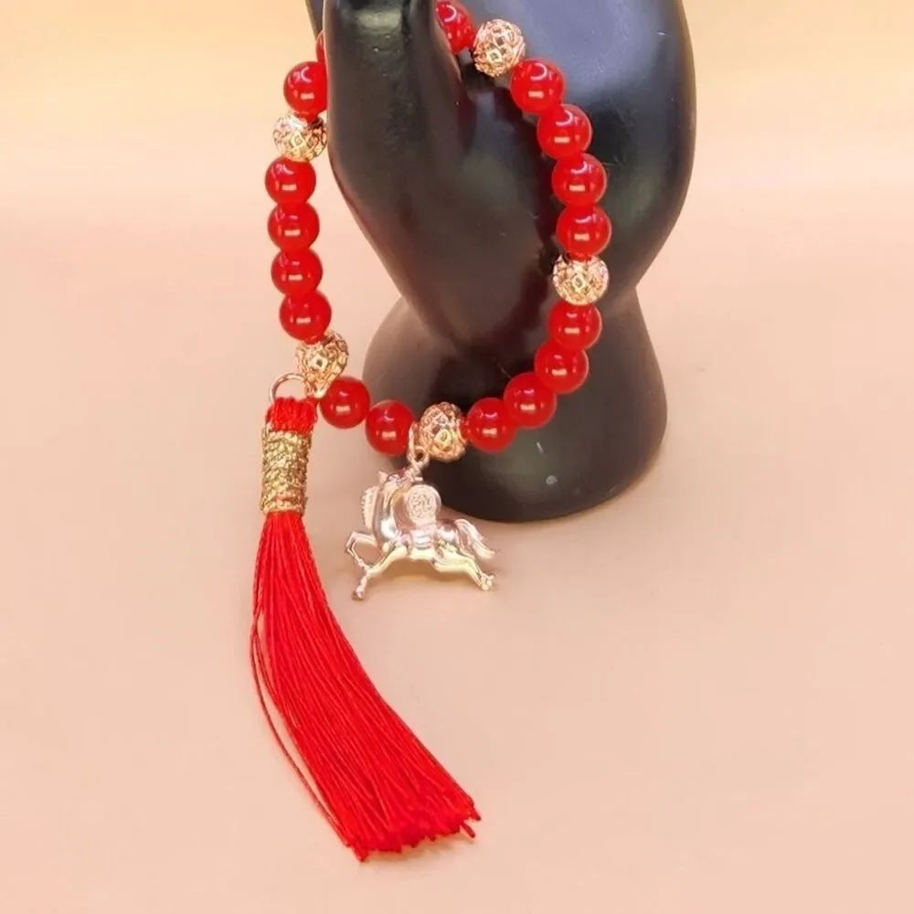 Red Chalcedony and Rose Gold Beaded Bracelet with Fire Horse Charm and Tassel